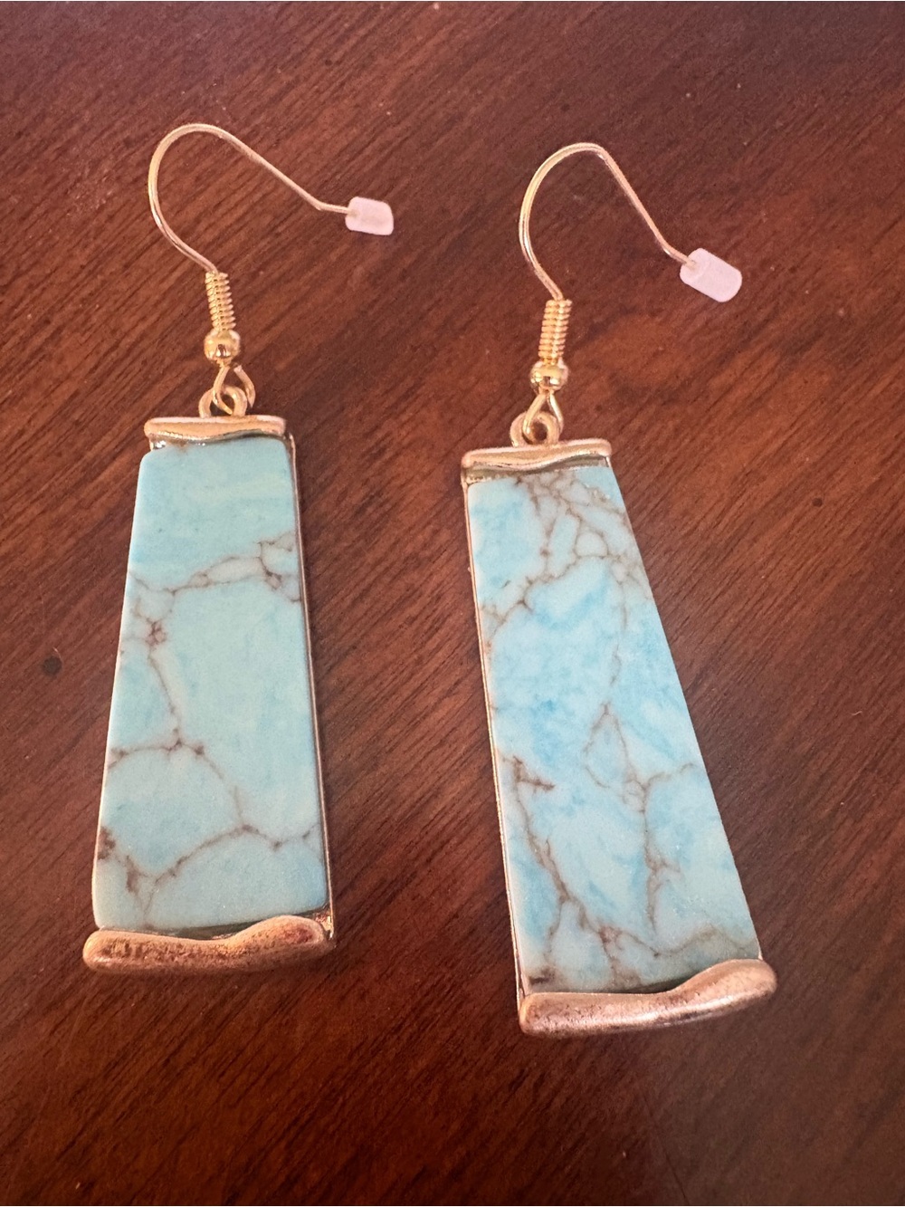 Gold-Tone Turquoise Marble Drop Earrings - Elegant Blue Stone Dangles